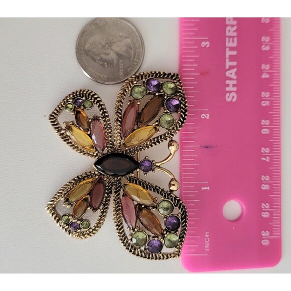 Monet Gold Tone Rhinestone Butterfly Pin Brooch, Signed - Picture 5 of 6